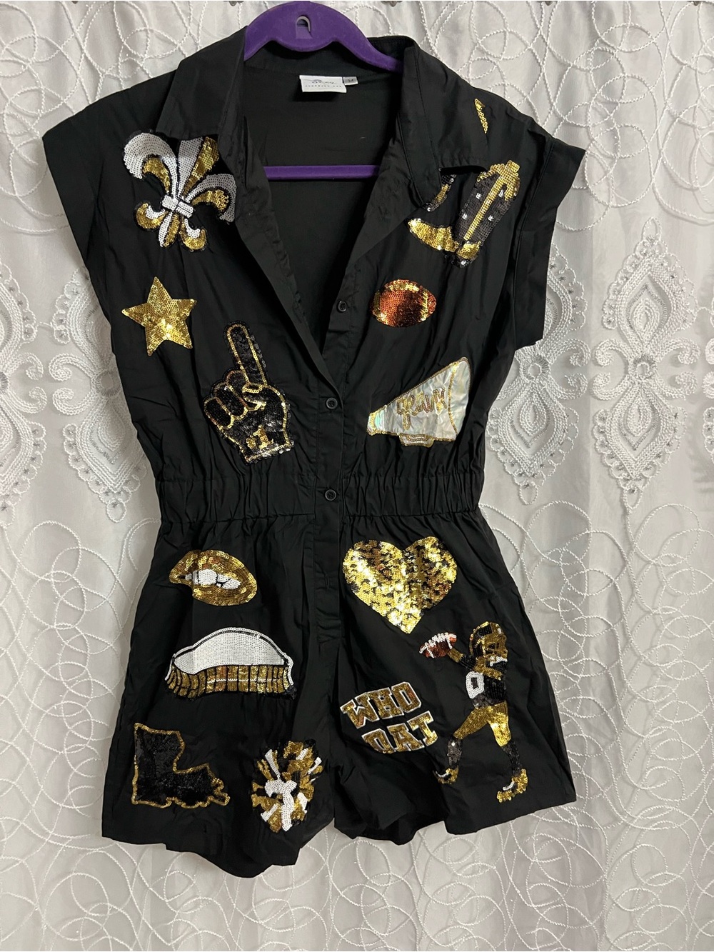 Black Ladies One-Piece Romper with Gold Sequin Patches